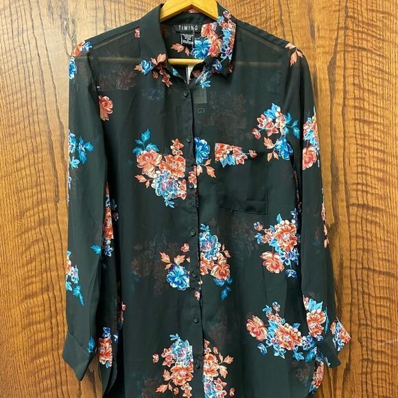 Timing Tops - TIMING academia professor teacher sheer chiffon black floral button down‎ blouse